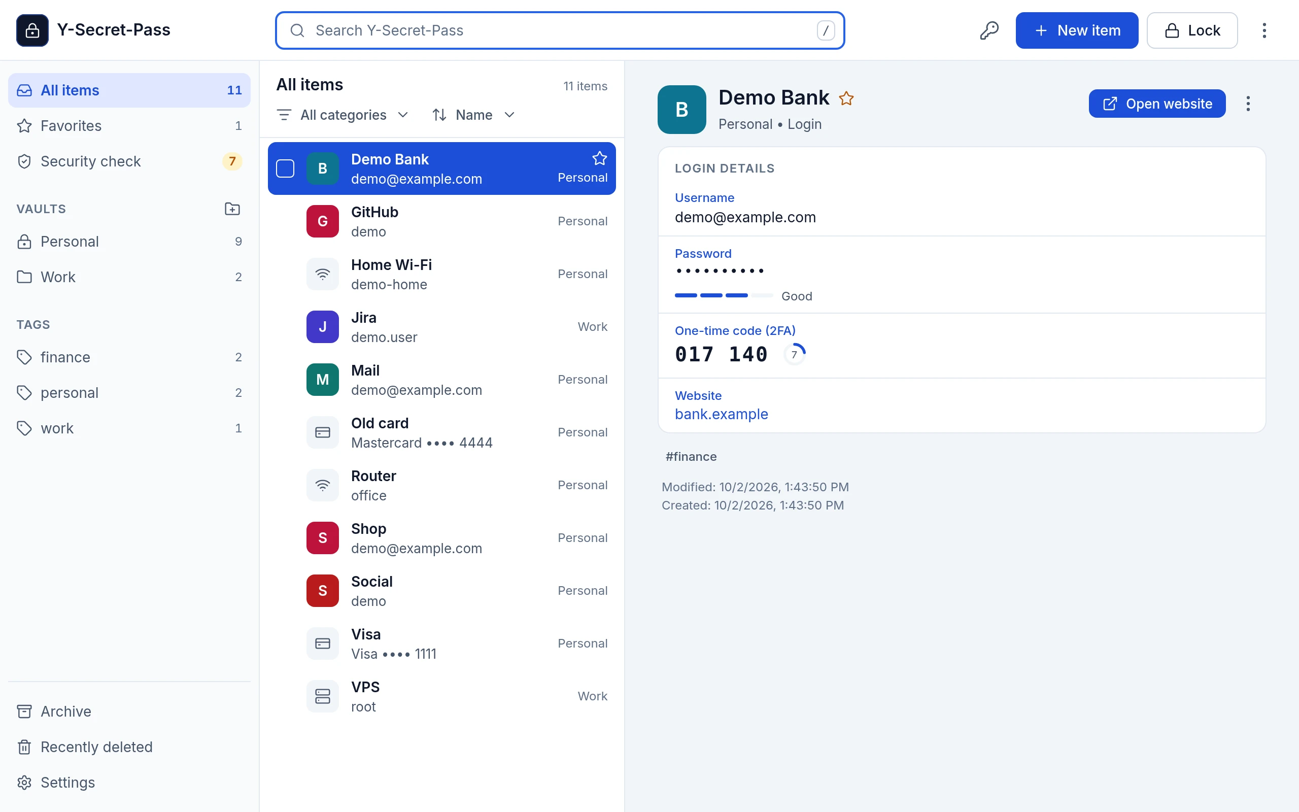 The full-screen window: vaults and tags on the left, the item list and an open item with a 2FA code