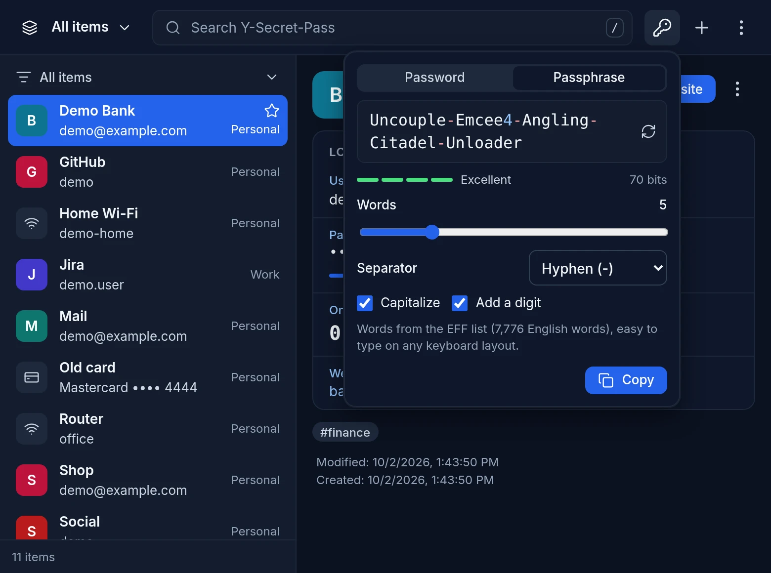 The generator in passphrase mode, dark theme