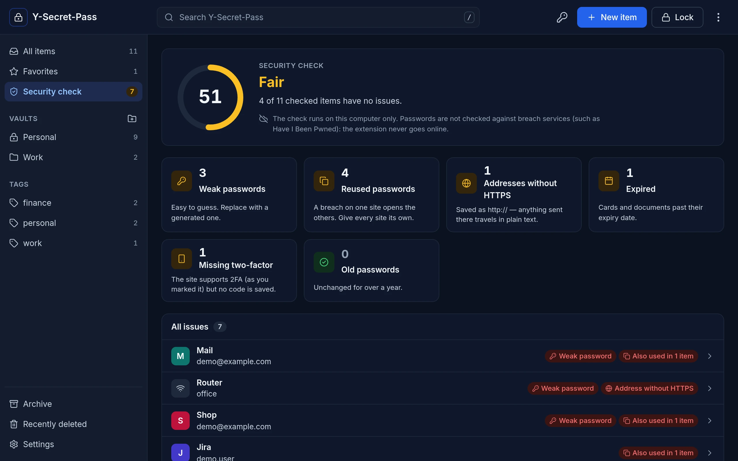 The security check in the dark theme: overall score and kinds of issues